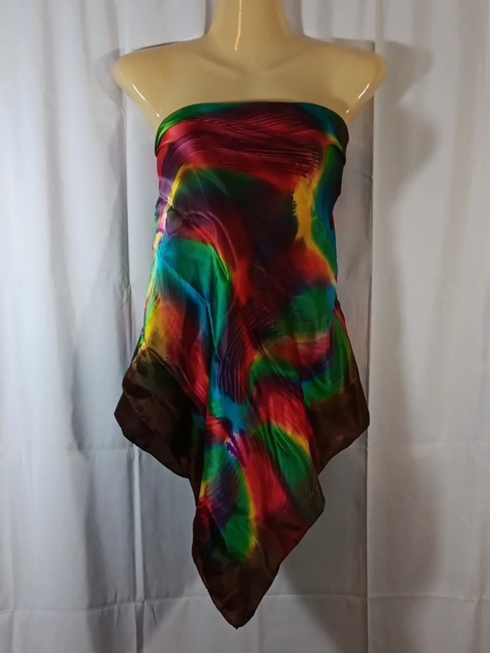 Womens Silk Large Scarf Brown Rainbow Boho Neck Sarong Headscarf Festival